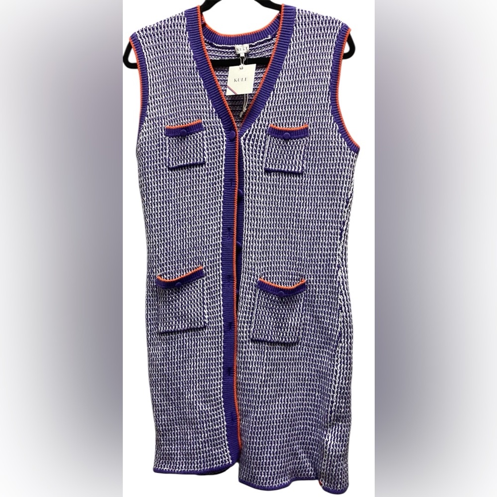 Kule Women’s Virginie Knit Button Front Dress  Sz L New In Purple/White/Poppy